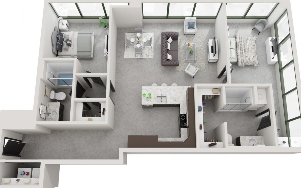 The Dickinson - Fully Furnished - 2 bedroom floorplan layout with 2 baths and 1321 square feet.